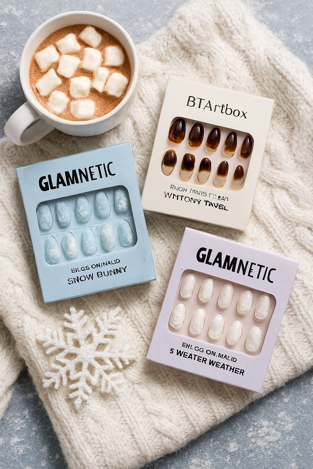 Flat lay of three winter-themed press-on nail kits displayed on a white cable-knit sweater with snowflake accents and a mug of hot cocoa. Featured nail sets include Glamnetic Snow Bunny (pale blue with snowflakes), BTArtbox Tortoise Shell (brown French tips), and Glamnetic Sweater Weather (white glitter French tips). The scene evokes cozy, festive vibes perfect for holiday gifting. www.whatbuy.store
